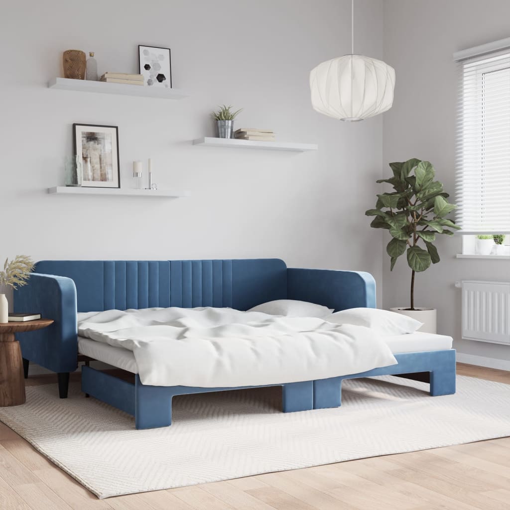 vidaXL Denná posteľ s rozkladacou posteľou modrá 100x200 cm zamat