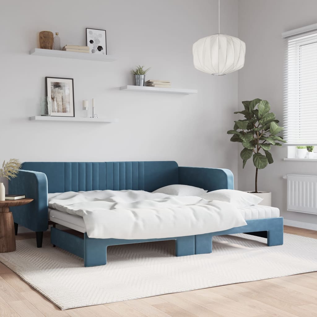 vidaXL Rozkladacia denná posteľ s matracmi modrá 100x200 cm zamat