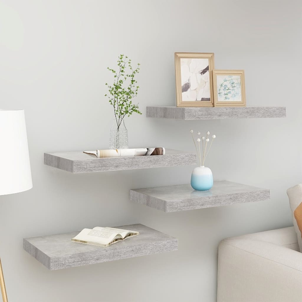 vidaXL Plávajúce nástenné police 4 ks betónové sivé 50x23x3,8 cm MDF