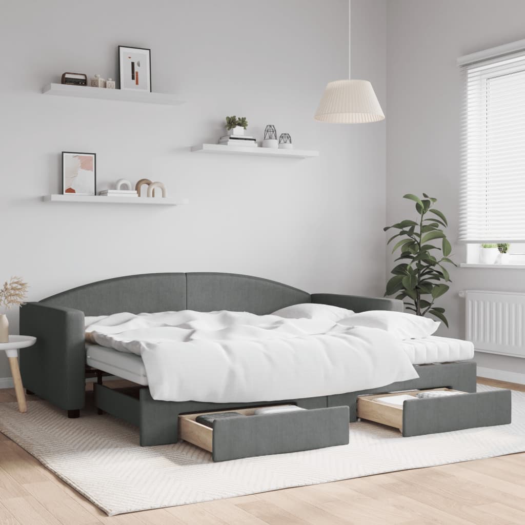 vidaXL Rozkladacia denná posteľ so zásuvkami tmavosivá 90x200 cm látka
