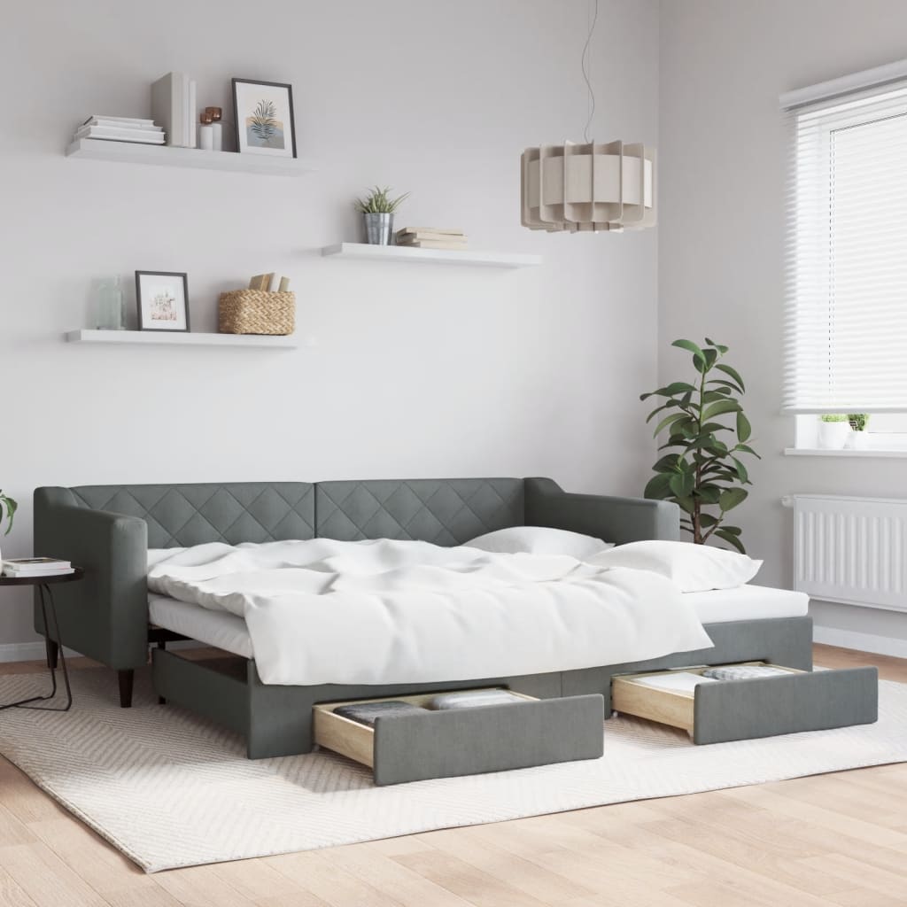 vidaXL Rozkladacia denná posteľ so zásuvkami tmavosivá 90x200 cm látka