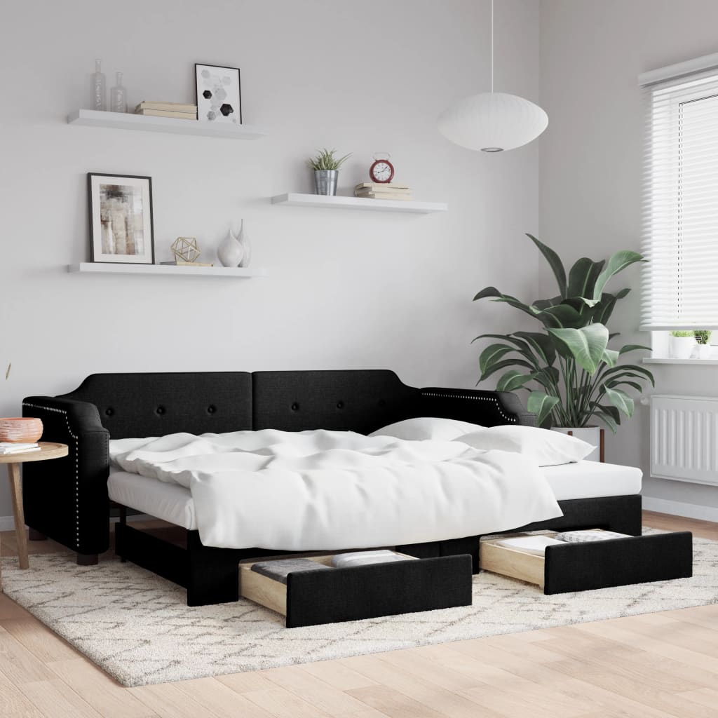 vidaXL Rozkladacia denná posteľ so zásuvkami čierna 90x200 cm látka