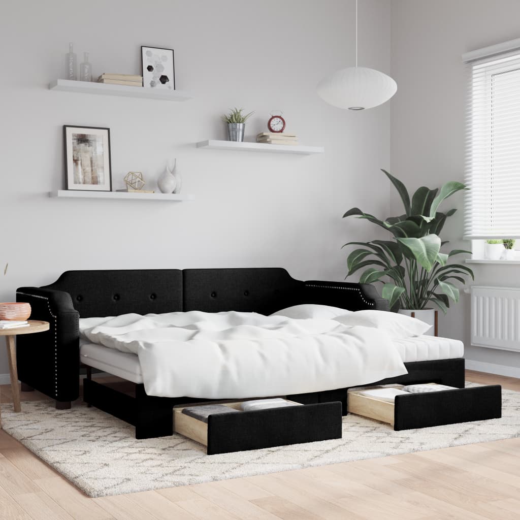 vidaXL Rozkladacia denná posteľ so zásuvkami čierna 90x200 cm látka