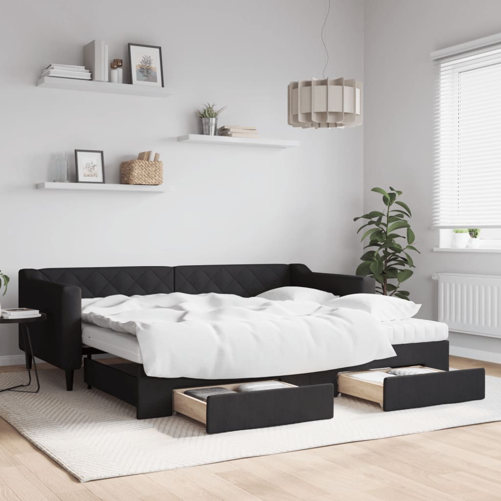vidaXL Rozkladacia denná posteľ so zásuvkami čierna 90x200 cm látka