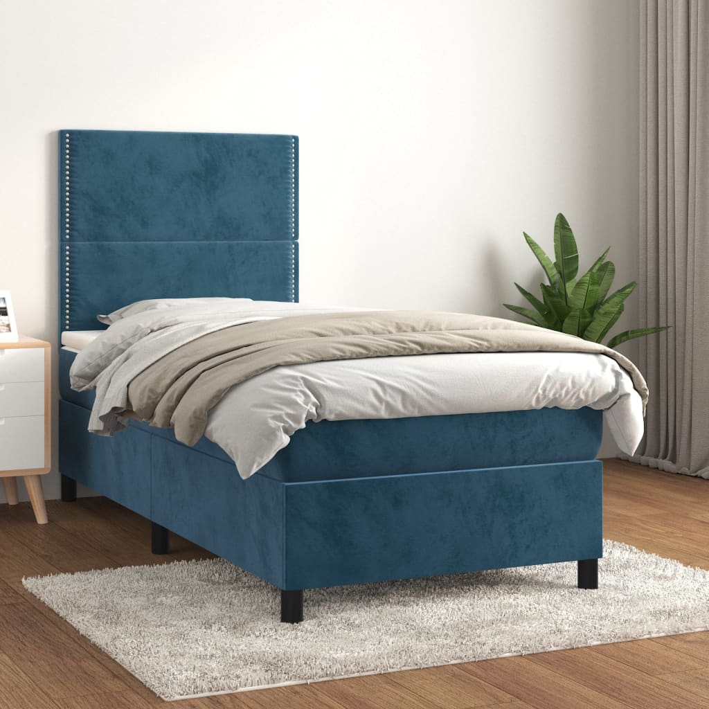 vidaXL Posteľný rám boxsping s matracom tmavomodrý 90x200 cm zamat