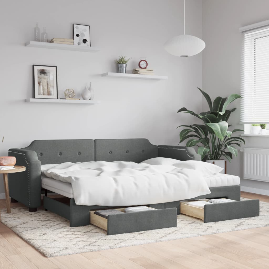 vidaXL Rozkladacia denná posteľ so zásuvkami tmavosivá 90x190 cm látka