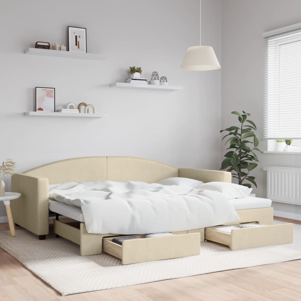 vidaXL Rozkladacia denná posteľ so zásuvkami krémová 90x200 cm látka