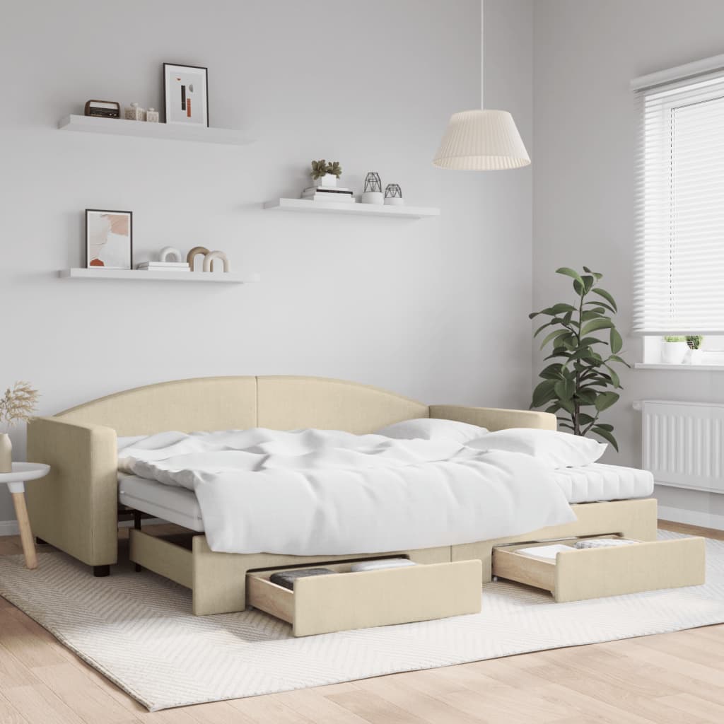 vidaXL Rozkladacia denná posteľ so zásuvkami krémová 90x200 cm látka