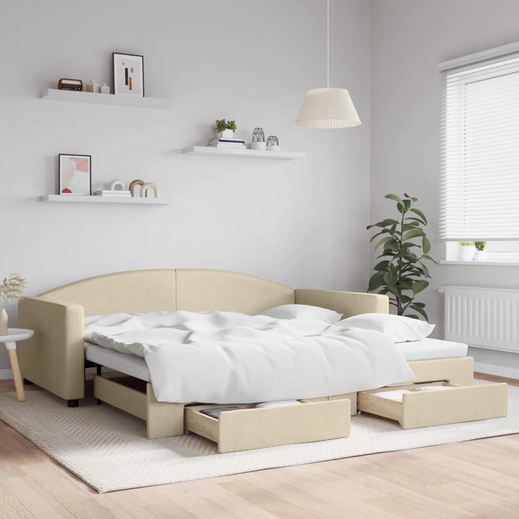 vidaXL Rozkladacia denná posteľ so zásuvkami krémová 100x200 cm látka