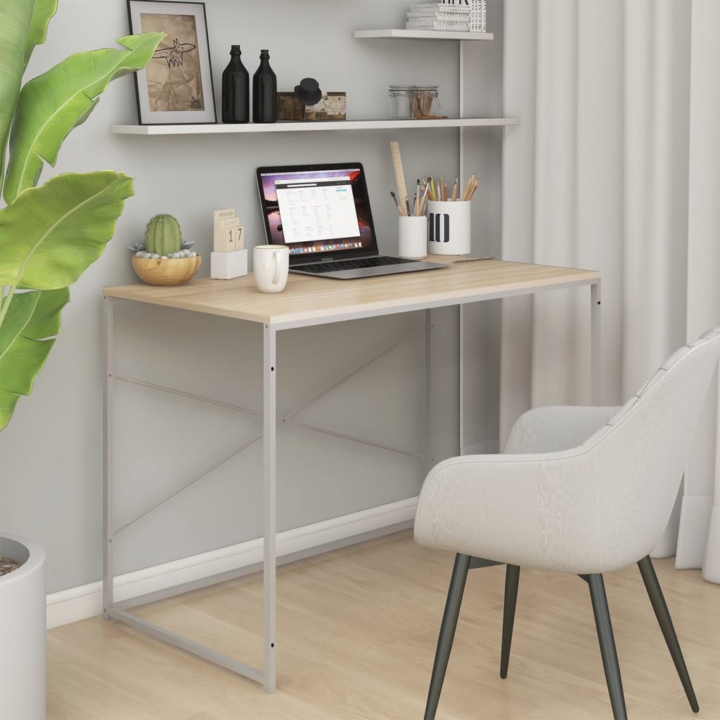 vidaXL Počítačový stôl, biela+dub 110x60x70 cm, kompozitné drevo