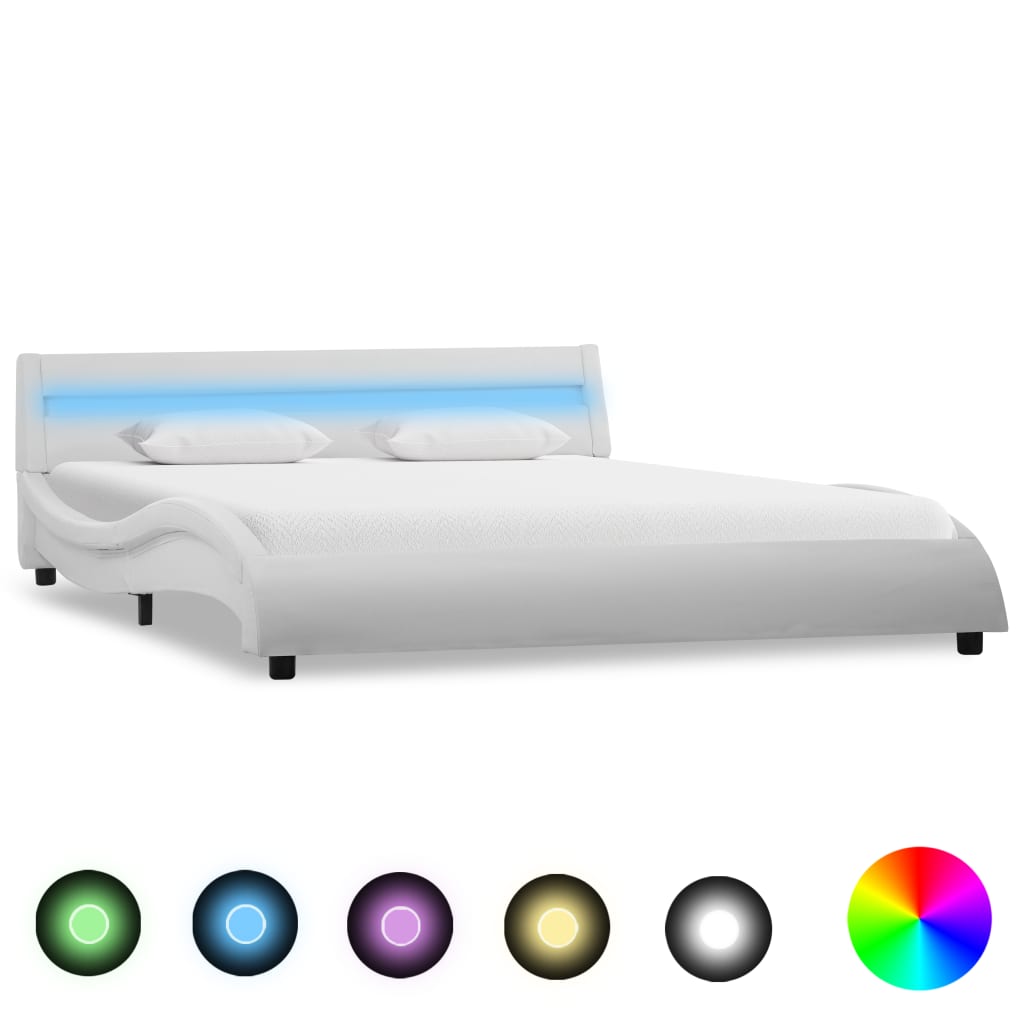 vidaXL Posteľný rám s LED, biely, umelá koža 140x200 cm