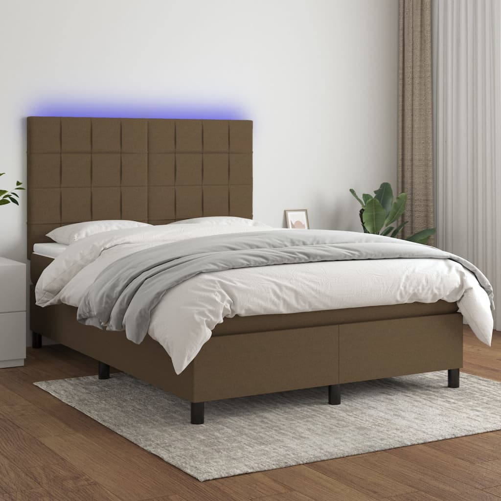 vidaXL Posteľ boxsping s matracom a LED tmavohnedá 140x190 cm látka