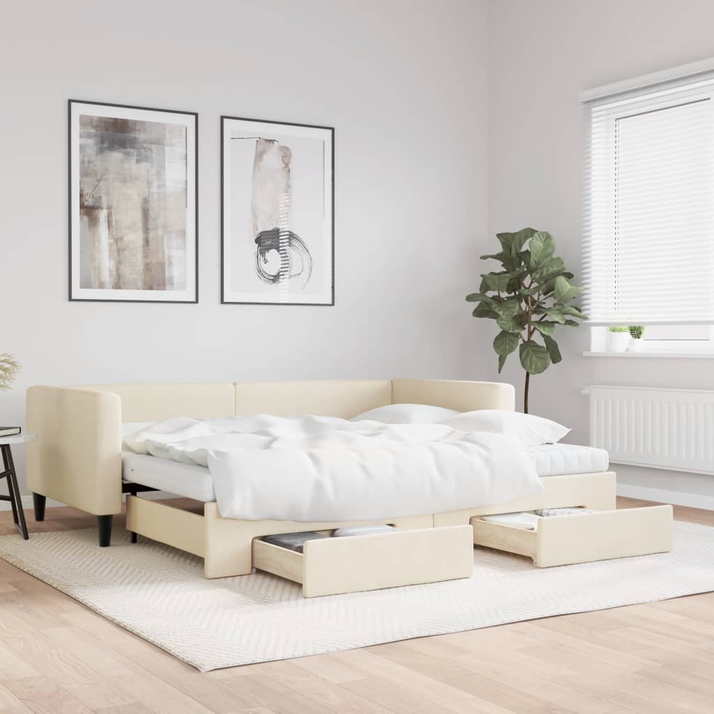 vidaXL Rozkladacia denná posteľ so zásuvkami krémová 90x200 cm látka