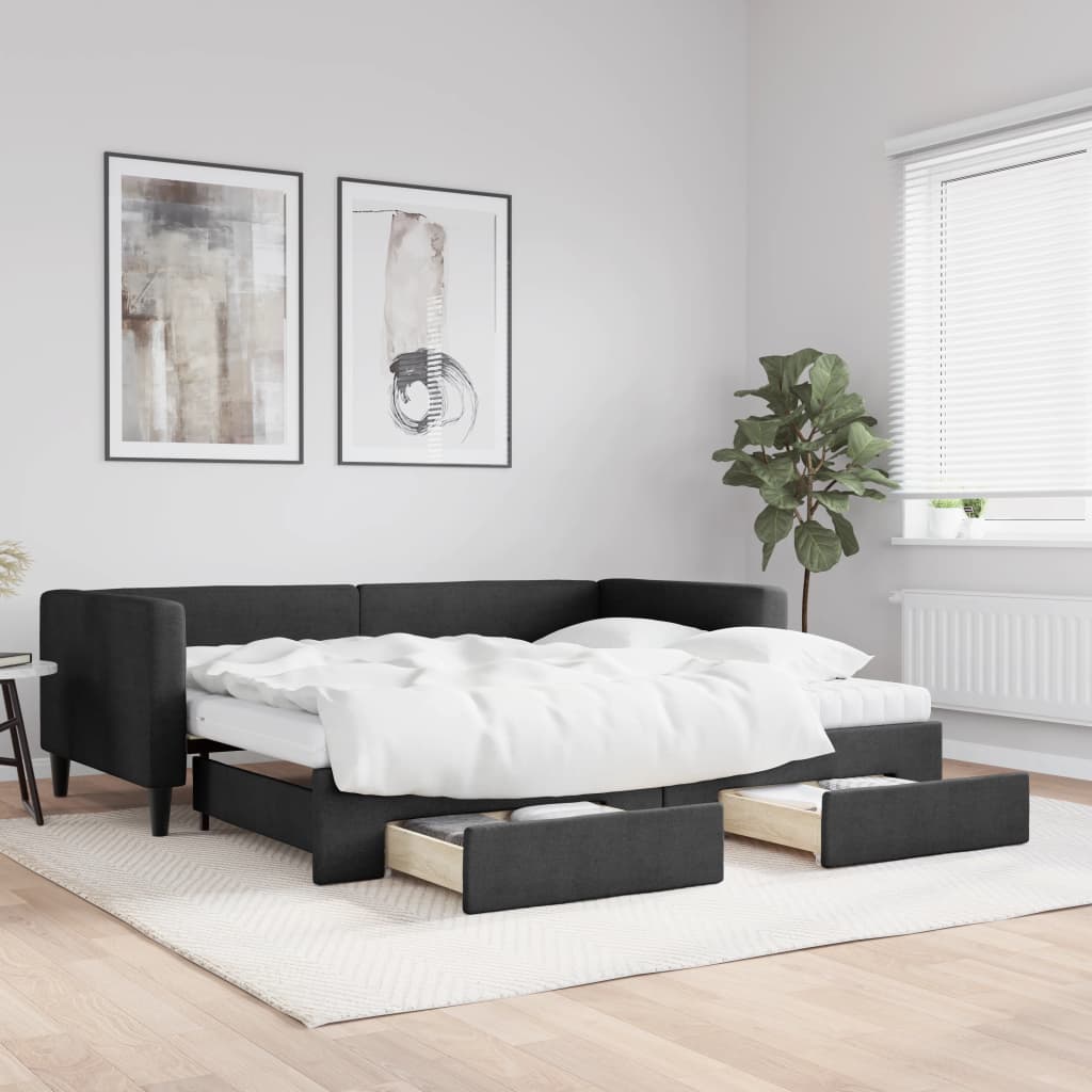 vidaXL Rozkladacia denná posteľ so zásuvkami čierna 90x200 cm látka