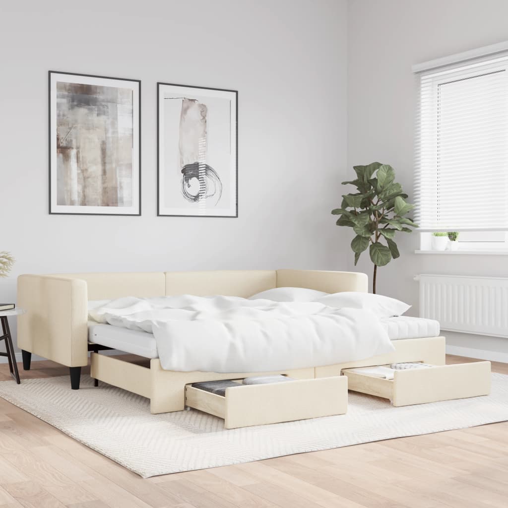 vidaXL Rozkladacia denná posteľ so zásuvkami krémová 100x200 cm látka