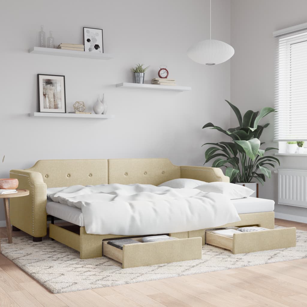 vidaXL Rozkladacia denná posteľ so zásuvkami krémová 100x200 cm látka