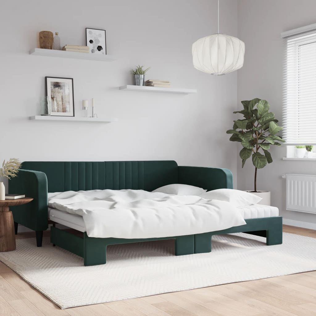 vidaXL Rozkladacia denná posteľ s matracmi tmavozelená 100x200cm zamat