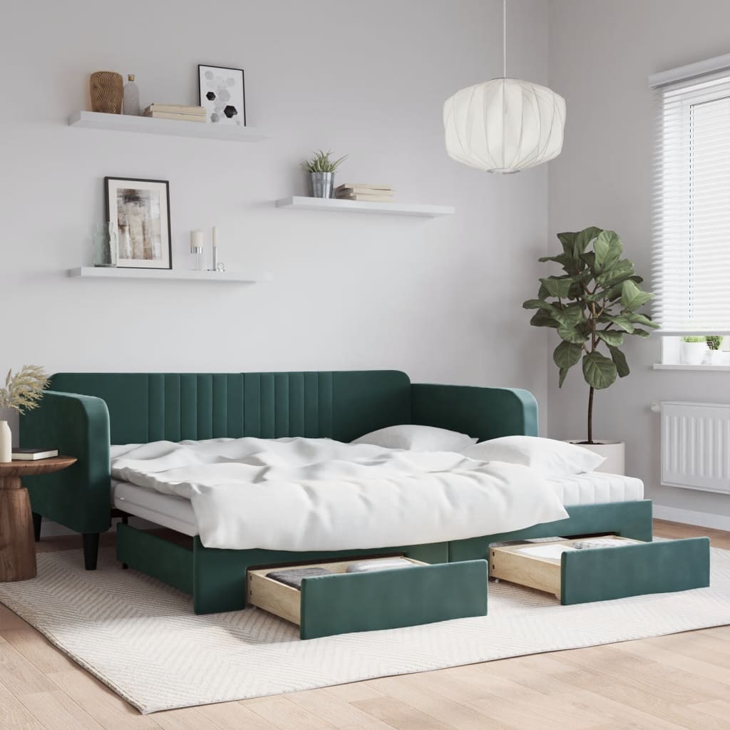 vidaXL Rozkladacia denná posteľ a zásuvky tmavozelená 100x200 cm zamat
