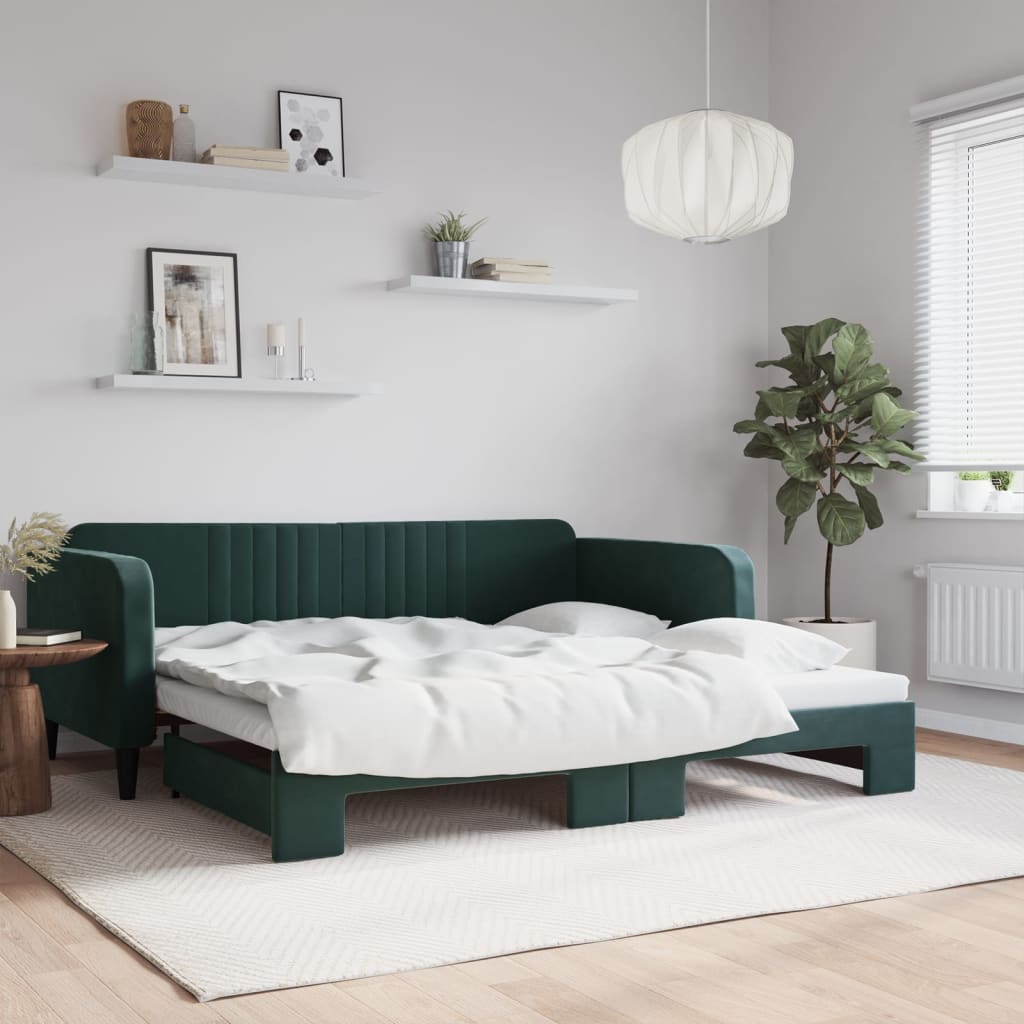 vidaXL Denná posteľ s rozkladacou posteľou tmavozelená 100x200cm zamat