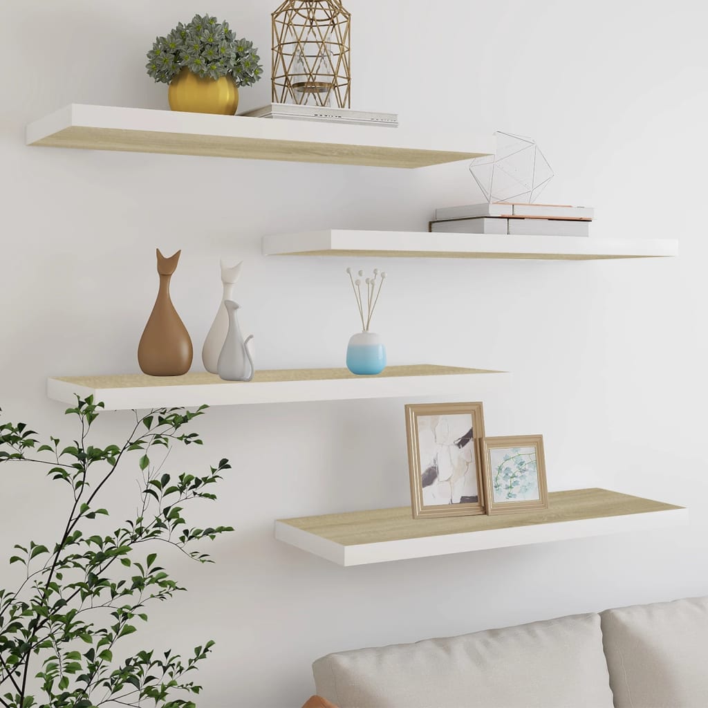 vidaXL Plávajúce nástenné police 4ks dubové a biele 80x23,5x3,8 cm MDF