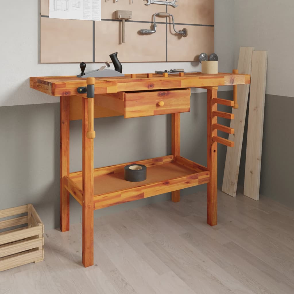 vidaXL Pracovný stôl so zásuvkou a zverákmi 124x52x83cm akáciový masív