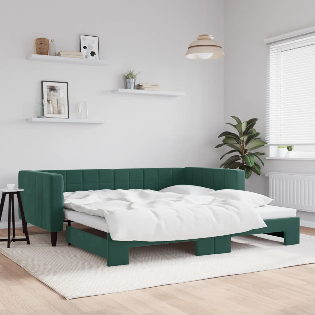 vidaXL Denná posteľ s rozkladacou posteľou tmavozelená 100x200cm zamat