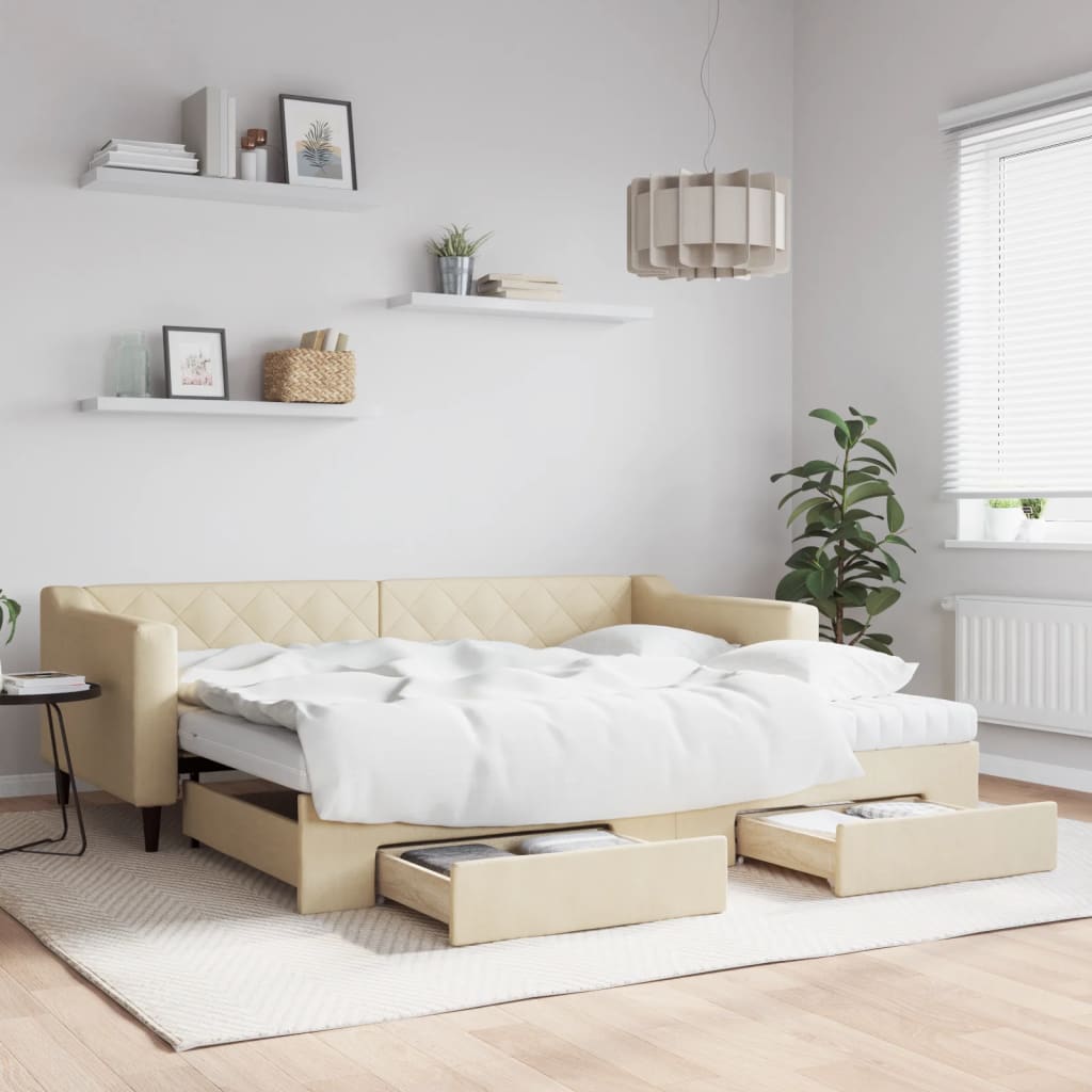 vidaXL Rozkladacia denná posteľ so zásuvkami krémová 90x200 cm látka