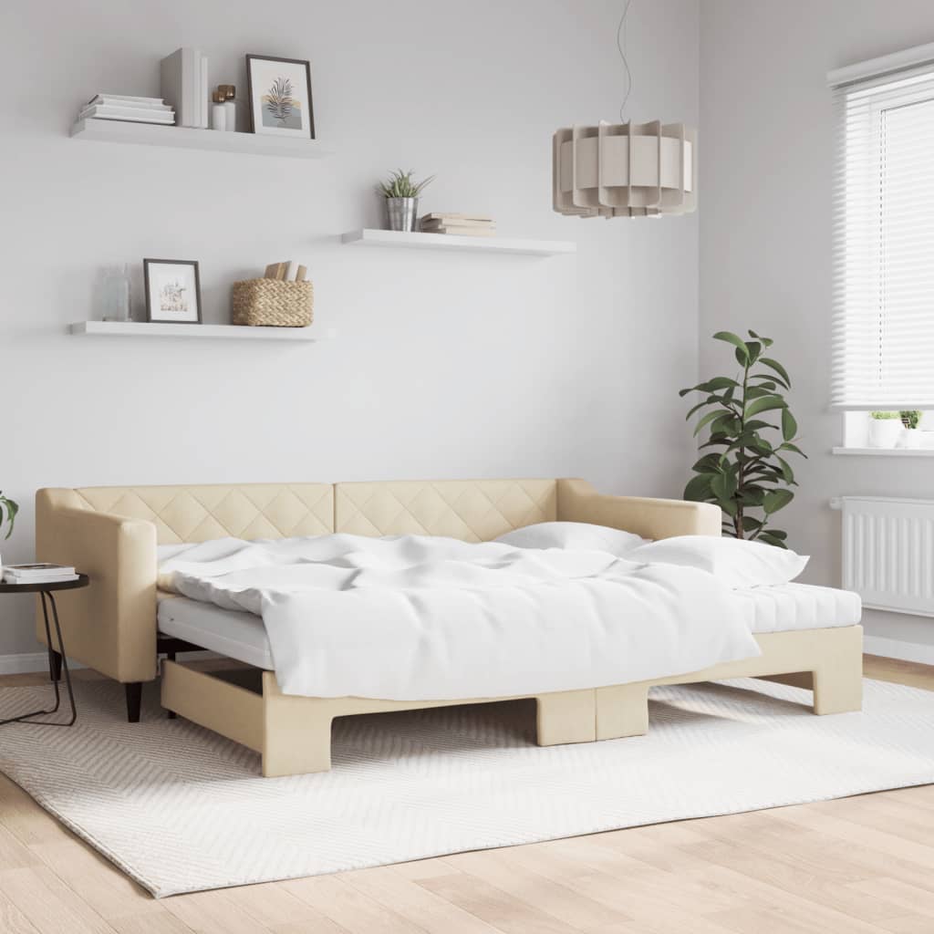vidaXL Rozkladacia denná posteľ s matracmi krémová 90x200 cm látka