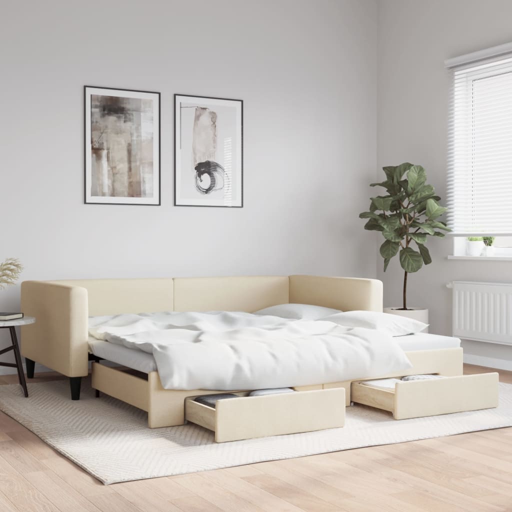 vidaXL Rozkladacia denná posteľ so zásuvkami krémová 100x200 cm látka
