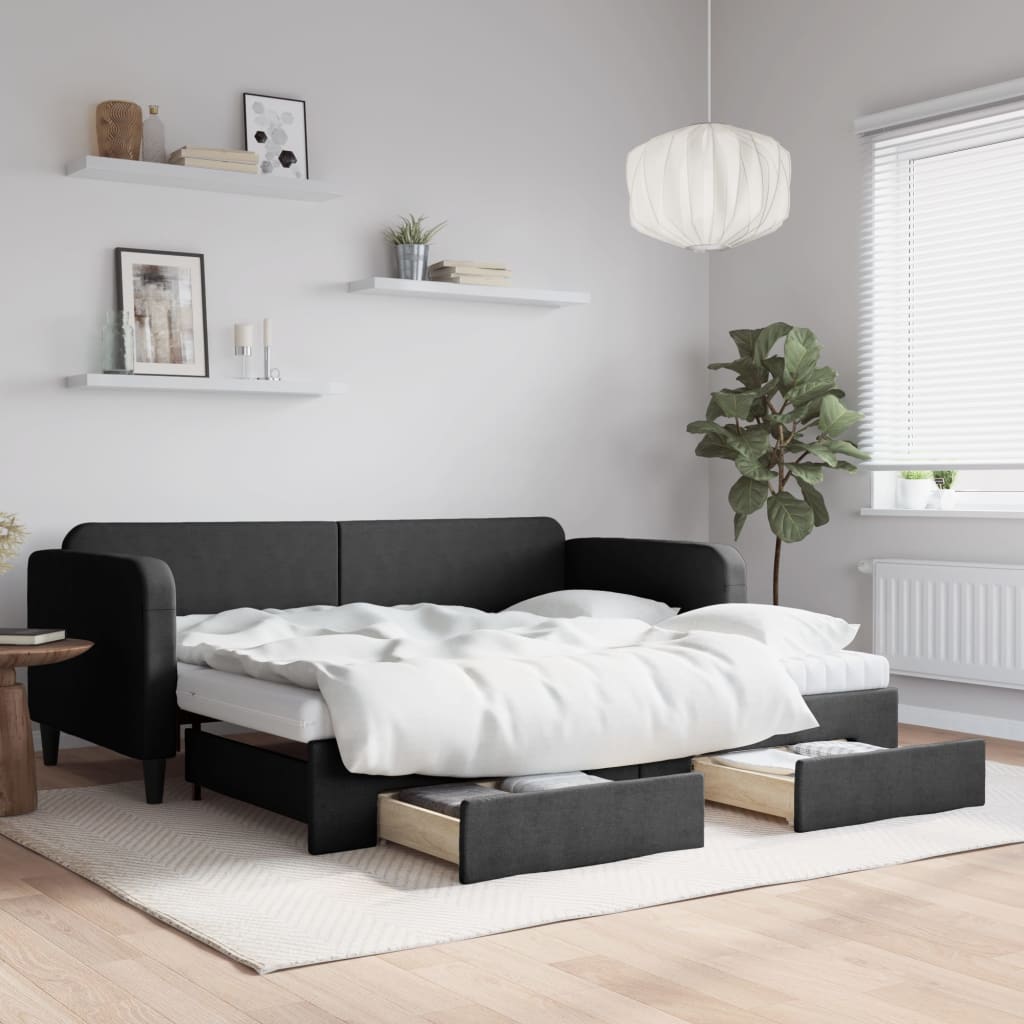 vidaXL Rozkladacia denná posteľ so zásuvkami čierna 90x200 cm látka