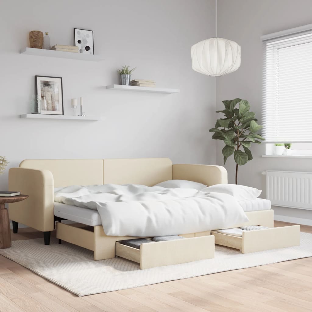 vidaXL Rozkladacia denná posteľ so zásuvkami krémová 90x200 cm látka