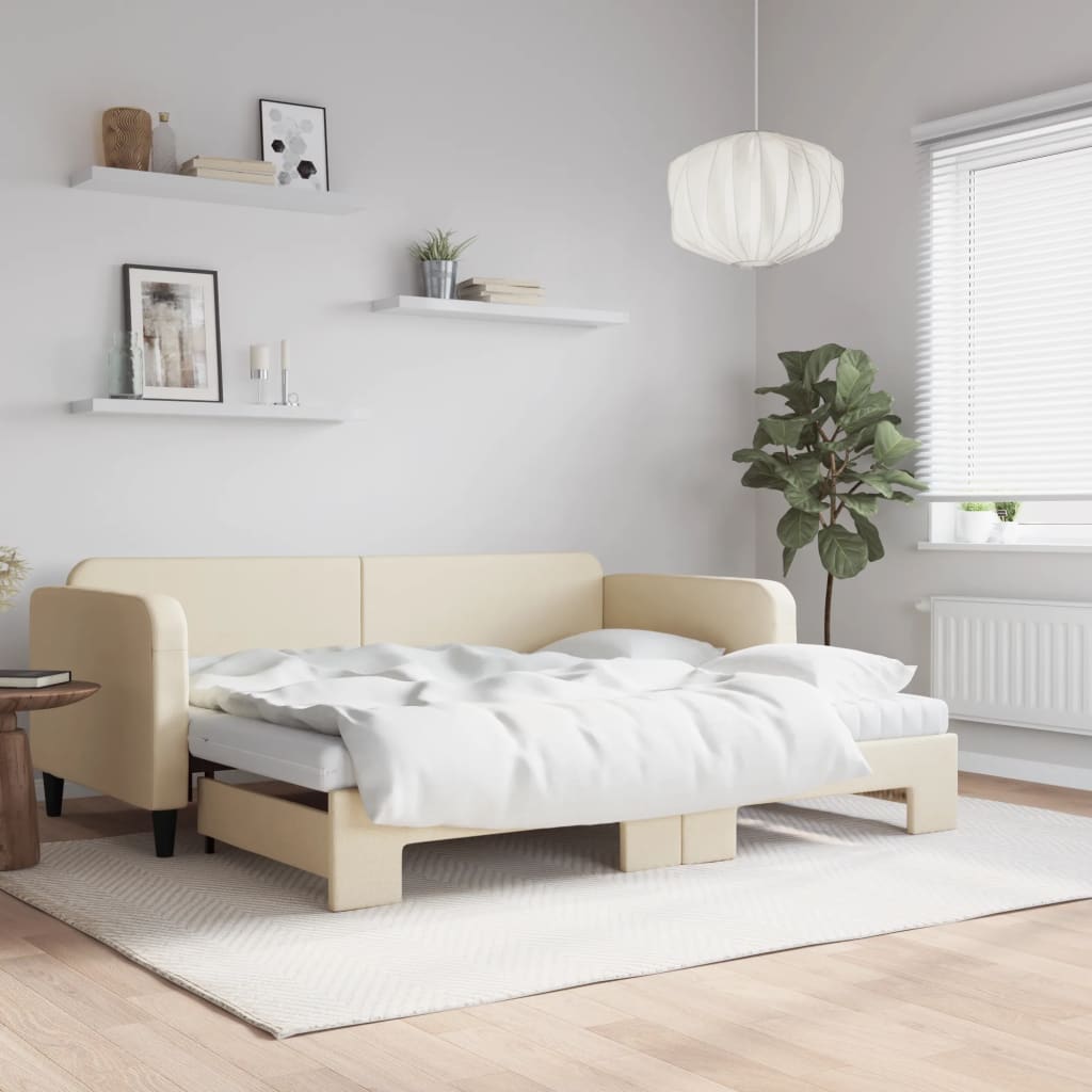vidaXL Rozkladacia denná posteľ s matracmi krémová 90x200 cm látka