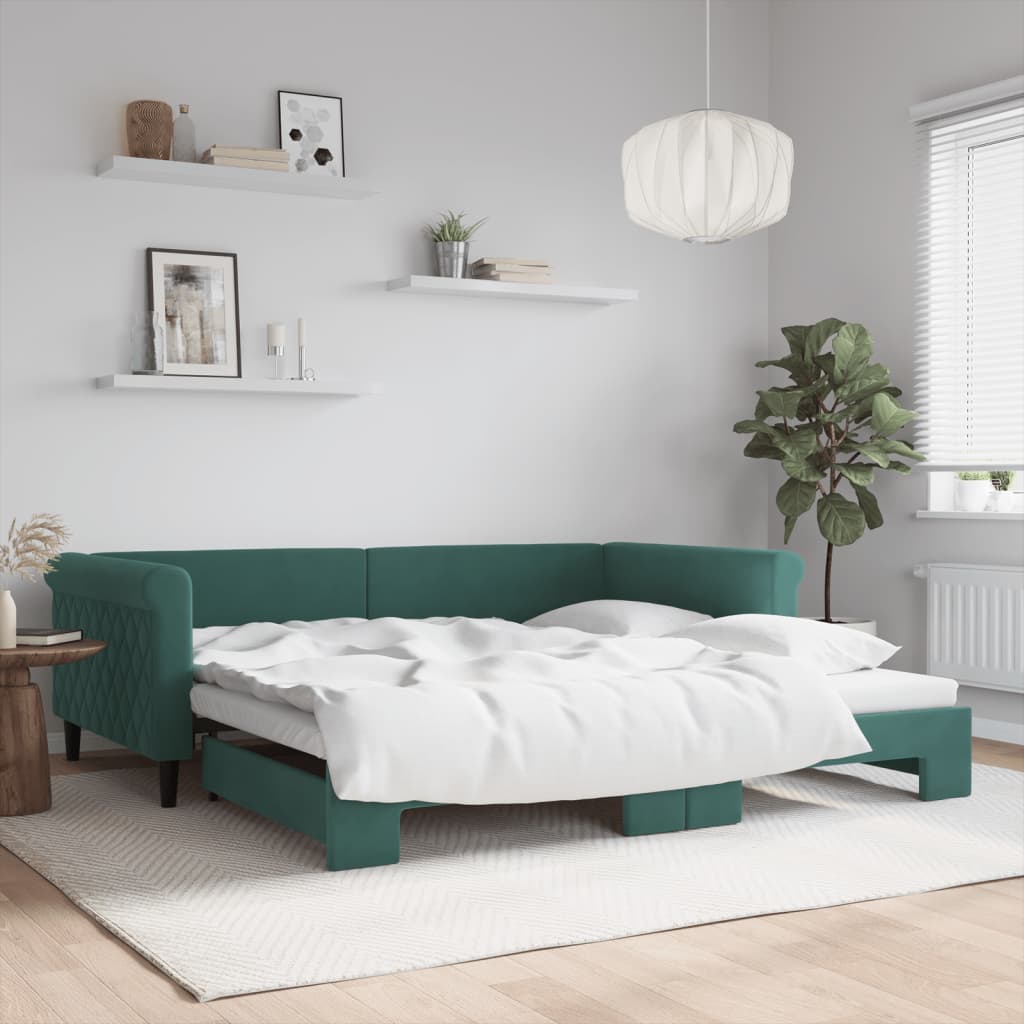 vidaXL Denná posteľ s rozkladacou posteľou tmavozelená 100x200cm zamat