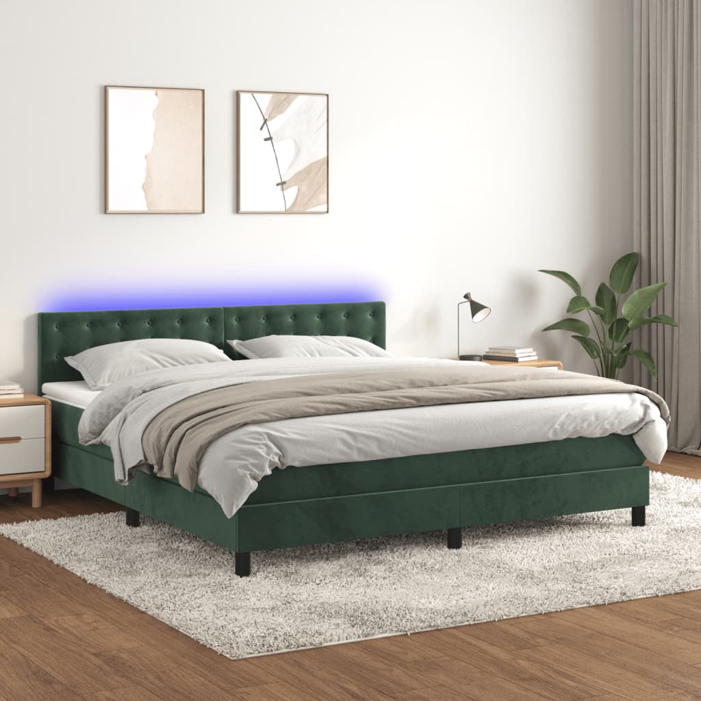 vidaXL Posteľný rám boxsping matrac a LED tmavozelený 160x200 cm zamat