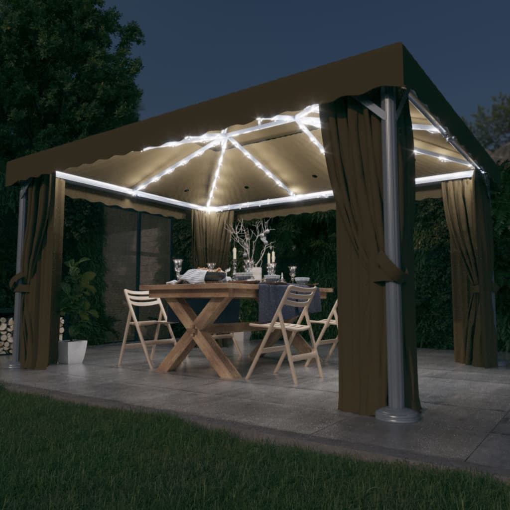 vidaXL Altánok so závesom a LED reťazou 4x3 m, sivohnedý