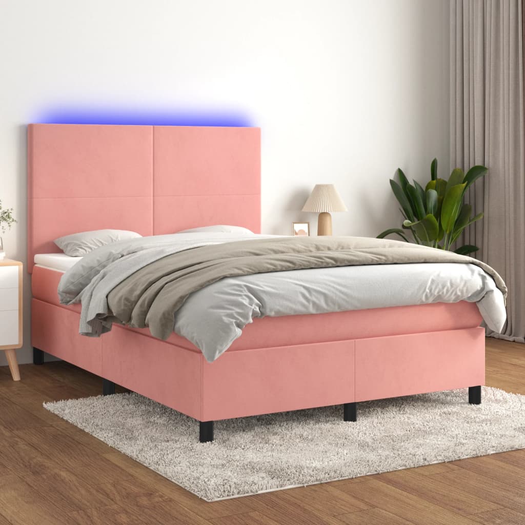 vidaXL Posteľný rám boxsping s matracom a LED ružový 140x200 cm zamat