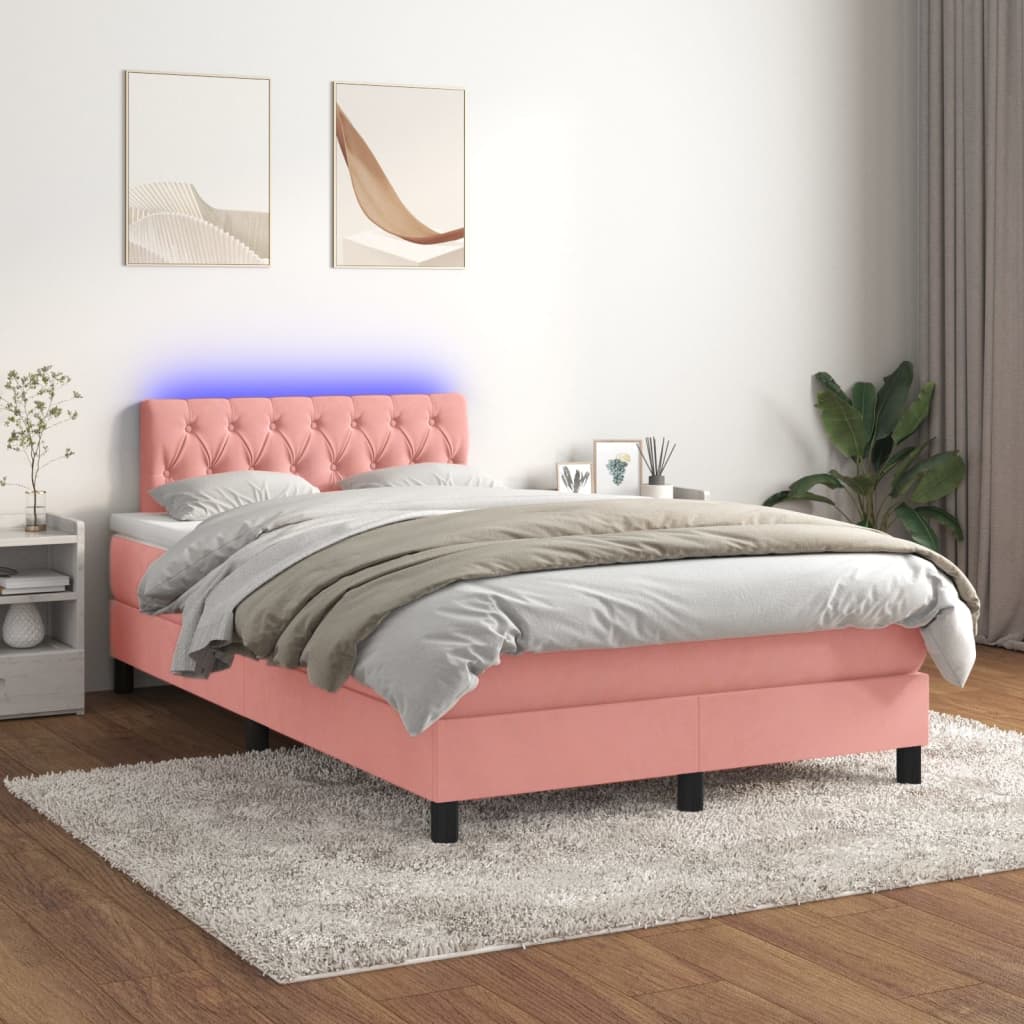 vidaXL Posteľný rám boxsping s matracom a LED ružový 120x200 cm zamat