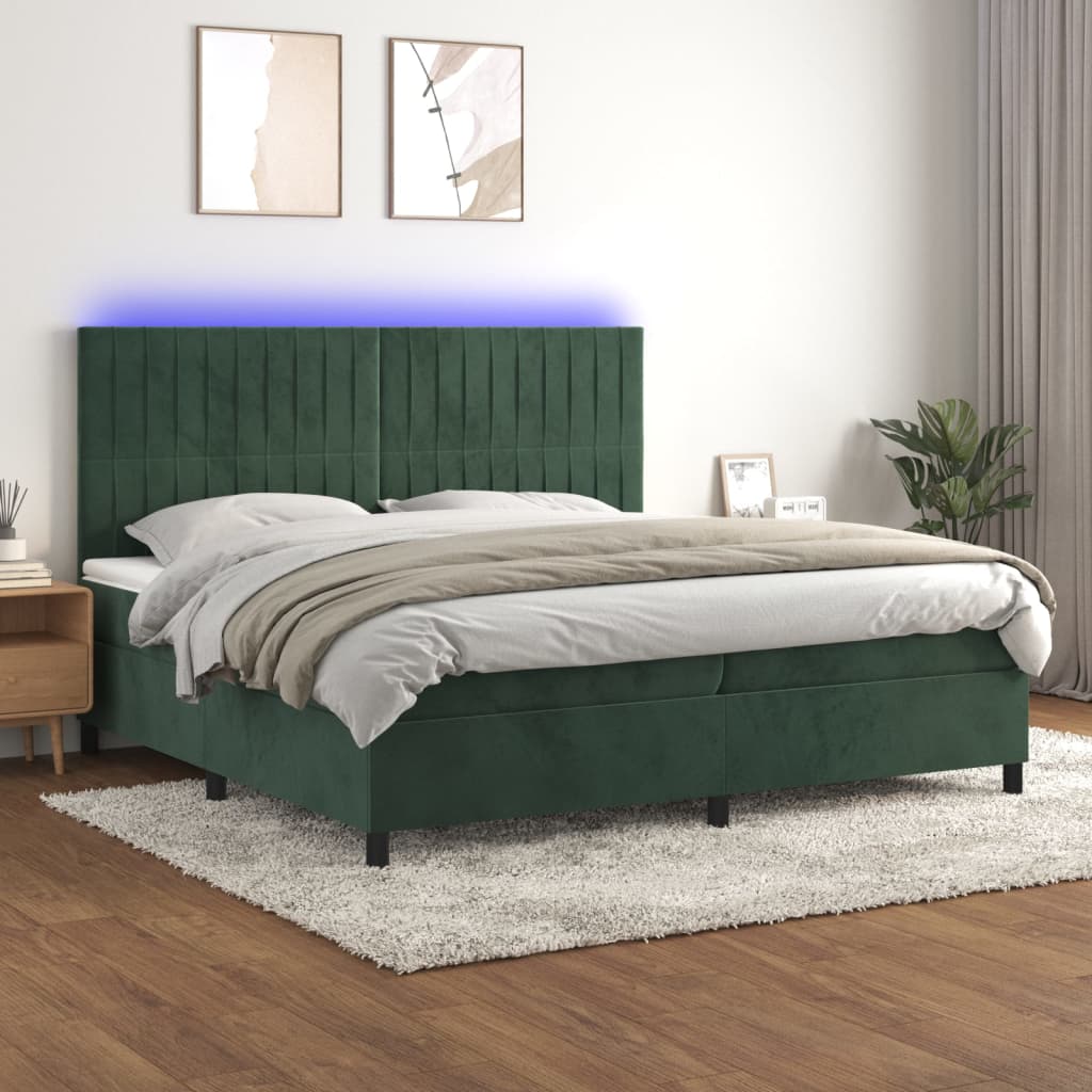 vidaXL Posteľný rám boxsping matrac a LED tmavozelený 200x200 cm zamat
