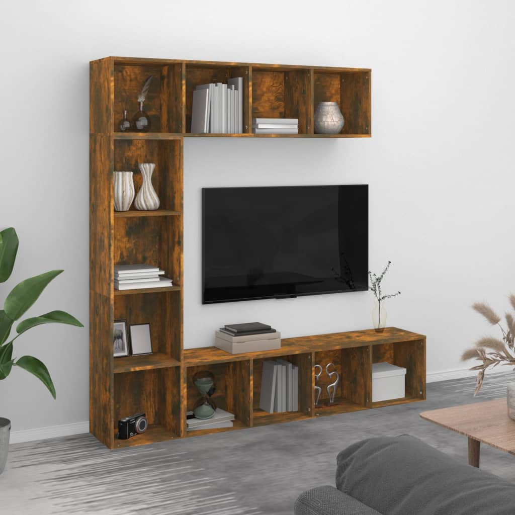 vidaXL 3-dielna knižnica/TV skrinka dymový dub 180x30x180 cm