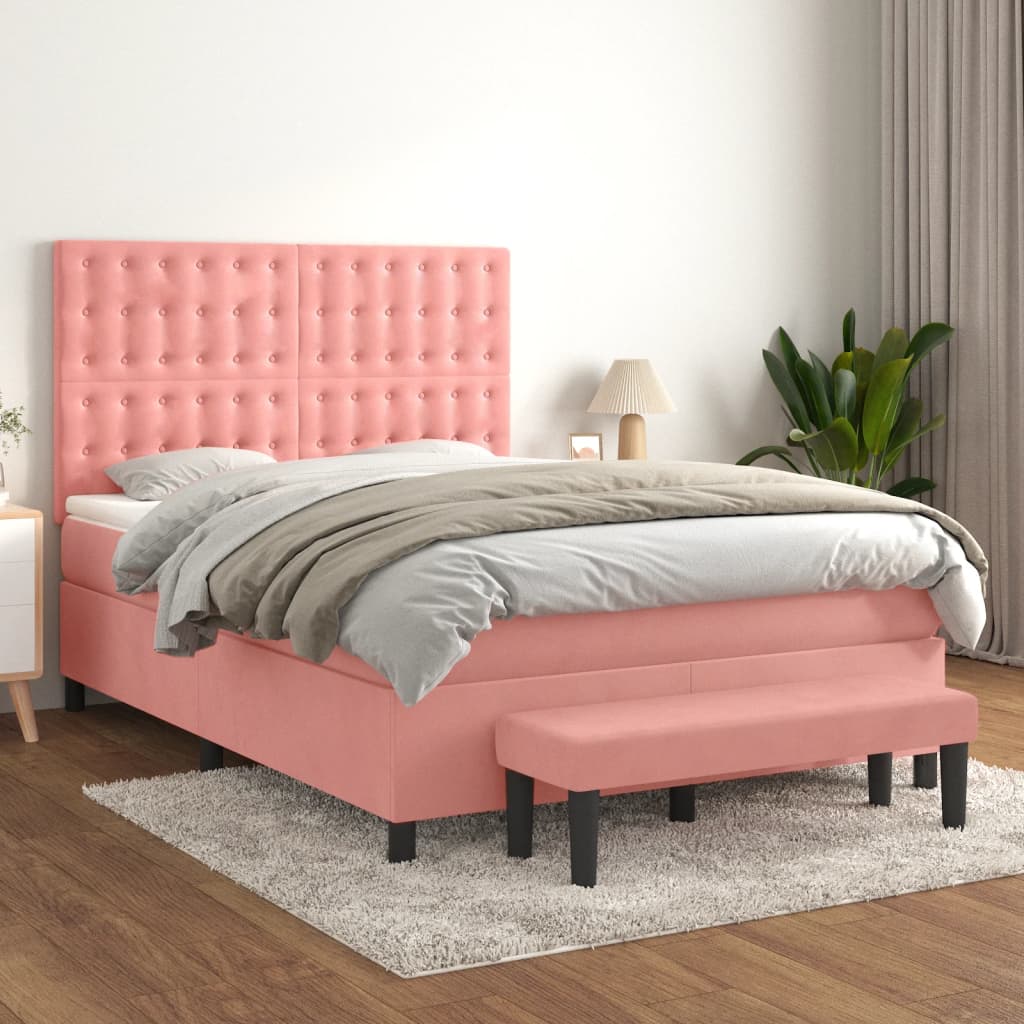 vidaXL Posteľný rám boxsping s matracom ružový 140x190 cm zamat