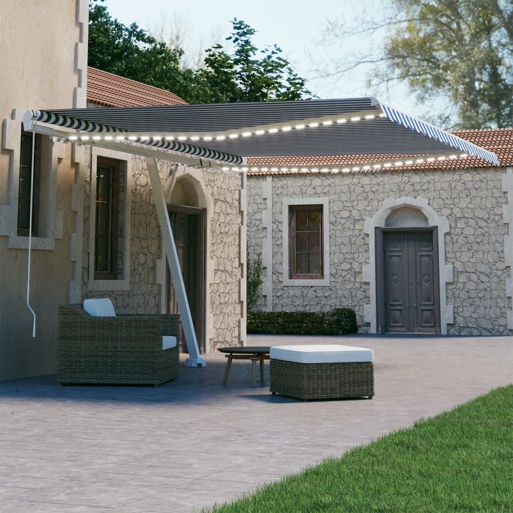 vidaXL Ručne zaťahovacia markíza s LED 450x300 cm modrá a biela