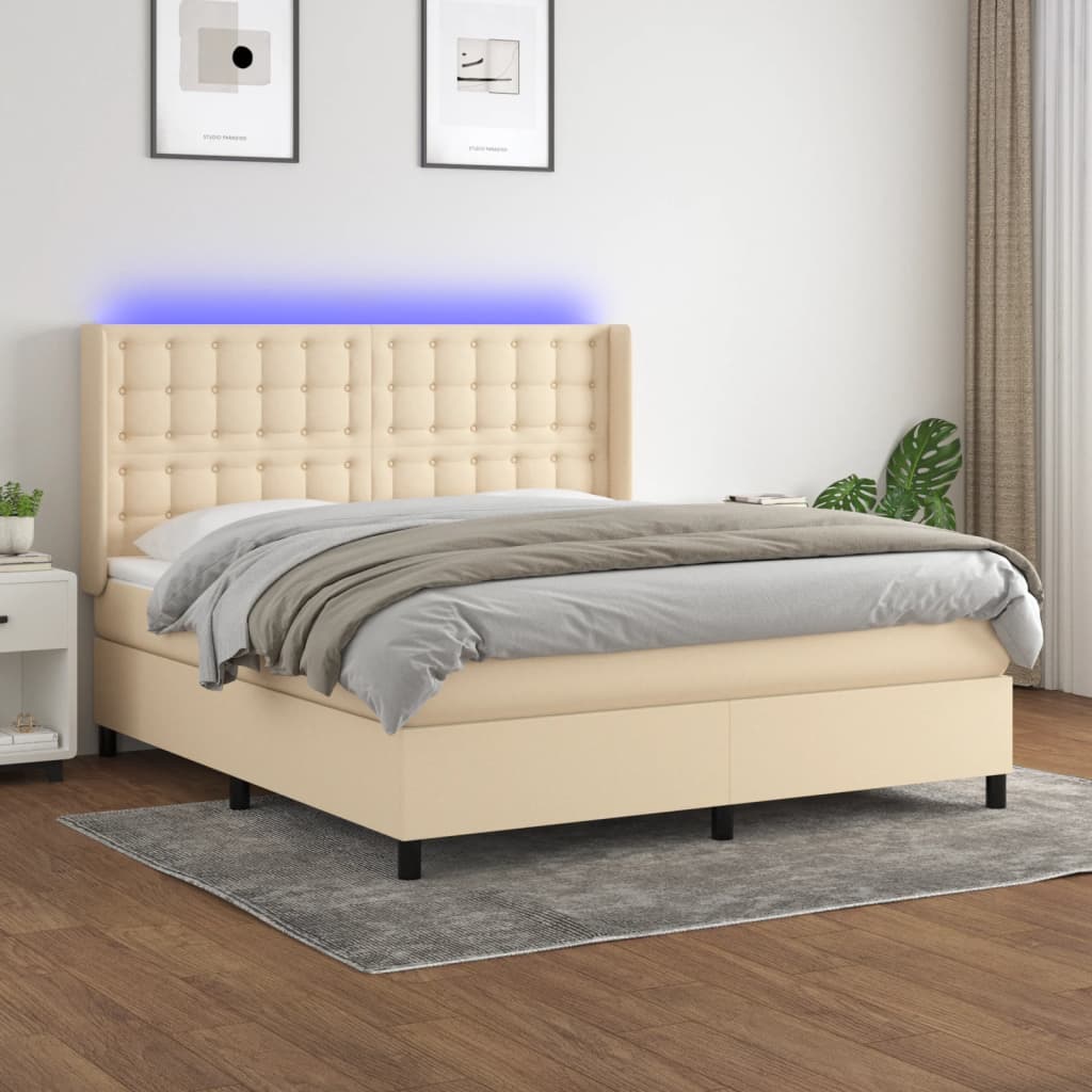 vidaXL Posteľ boxsping s matracom a LED krémová 160x200 cm látka