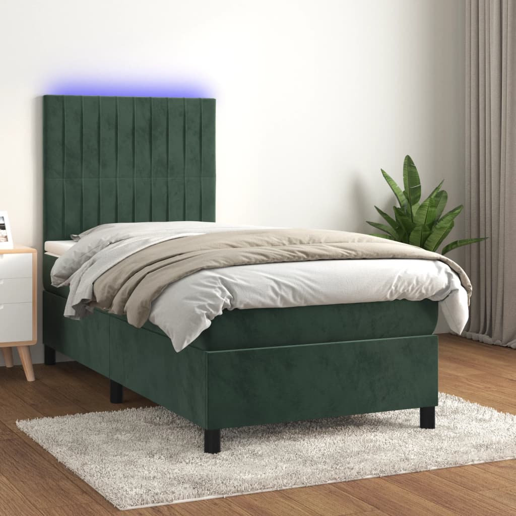 vidaXL Posteľný rám boxsping matrac a LED tmavozelený 100x200 cm zamat
