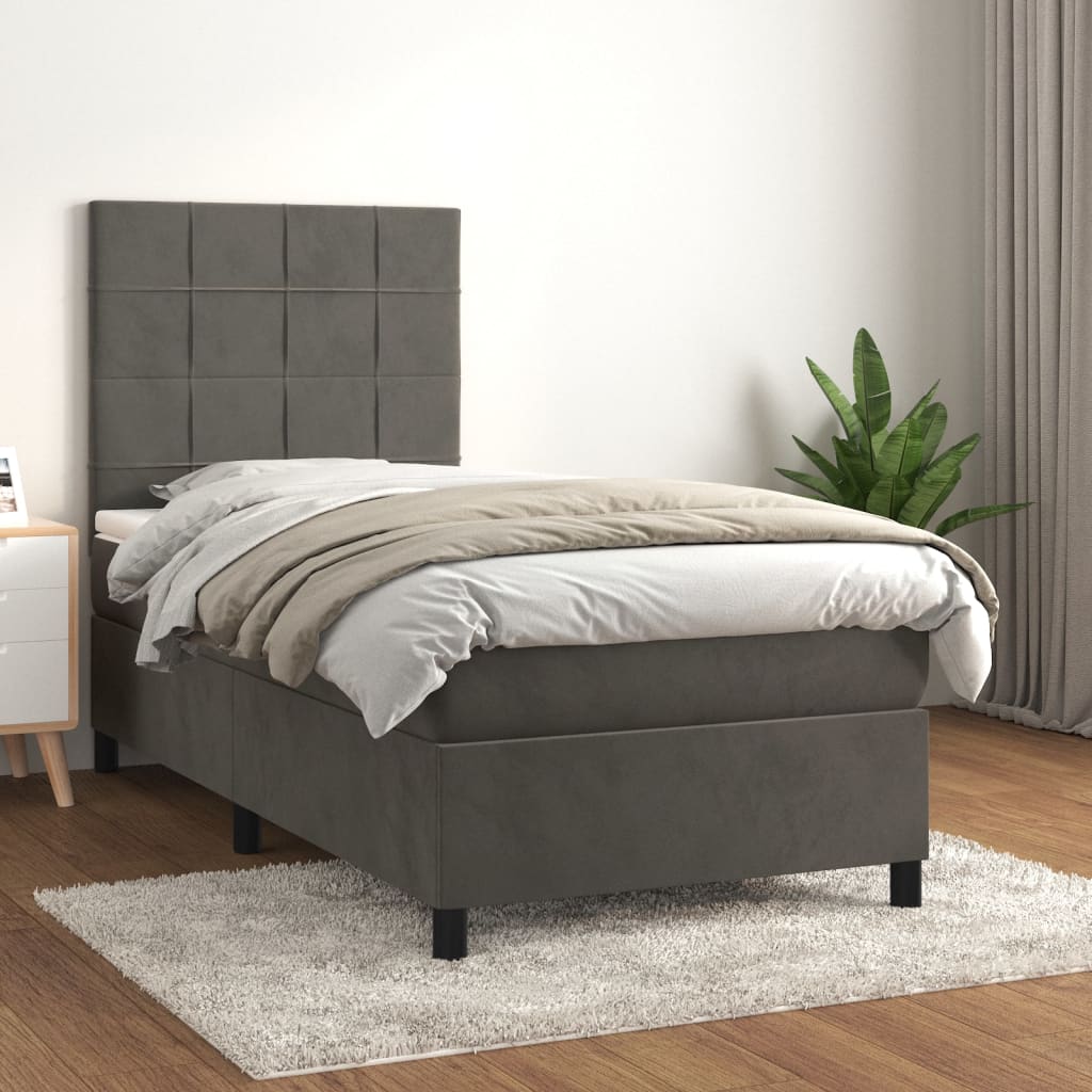 vidaXL Posteľný rám boxspring s matracom tmavosivý 90x190 cm zamat