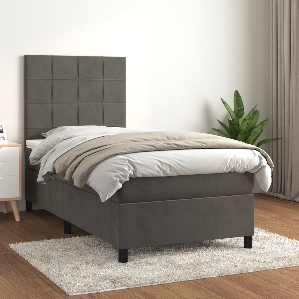 vidaXL Posteľný rám boxspring s matracom tmavosivý 90x200 cm zamat