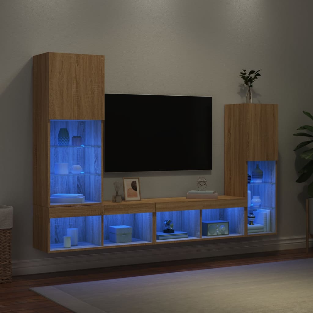 vidaXL 4-dielne TV nástenné skrinky s LED dub sonoma kompozitné drevo