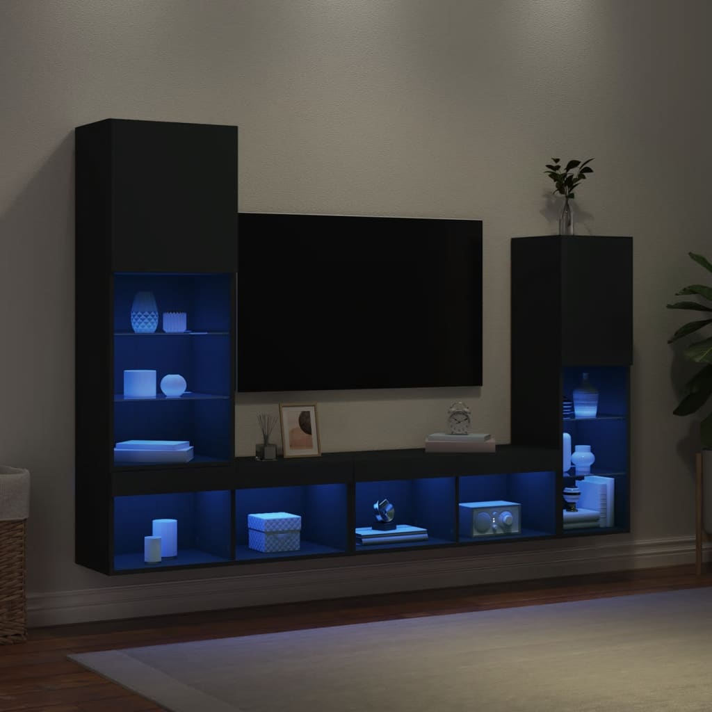 vidaXL 4-dielne TV nástenné skrinky s LED čierne kompozitné drevo