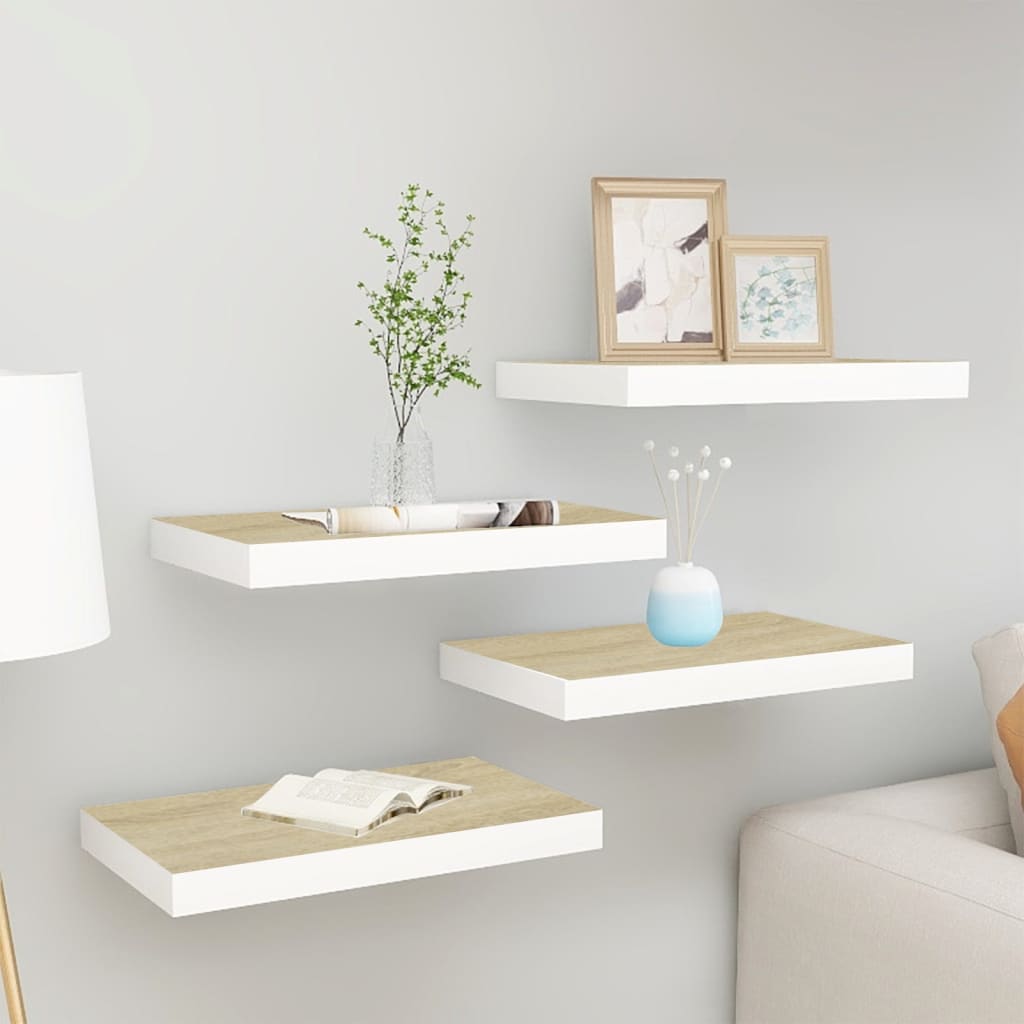 vidaXL Plávajúce nástenné police 4 ks dubové a biele 40x23x3,8 cm MDF