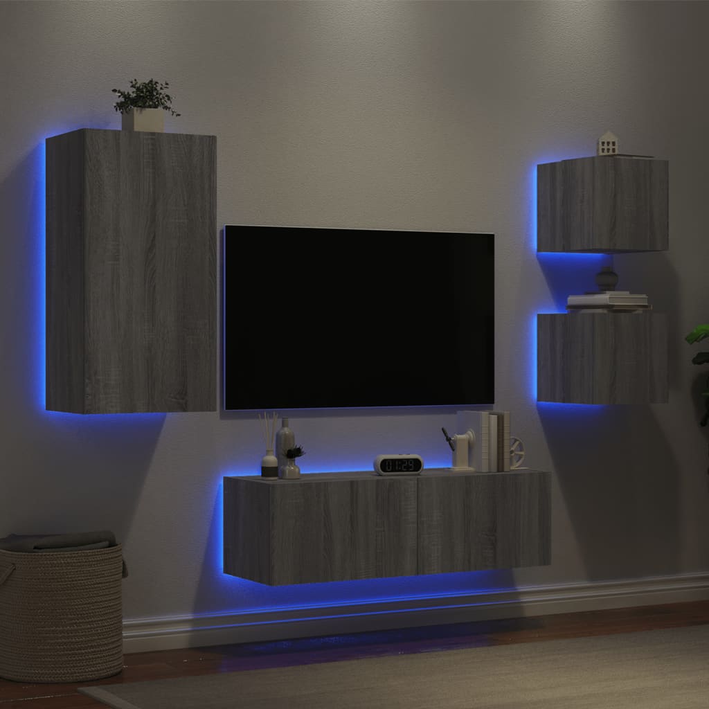 vidaXL 4-dielne TV nástenné skrinky s LED svetlami sivý dub sonoma