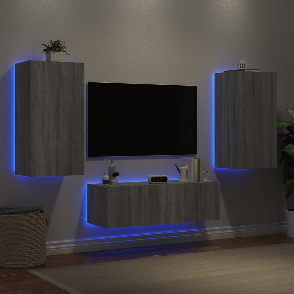 vidaXL 3-dielne TV nástenné skrinky s LED svetlami sivý dub sonoma